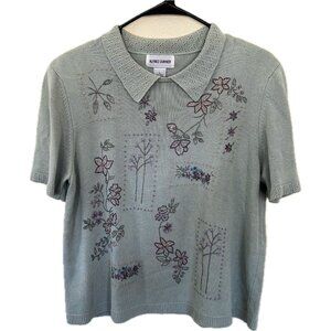 Alfred Dunner Womens XL Floral Embroidered Sage Green Knit Short Sleeve Sweater